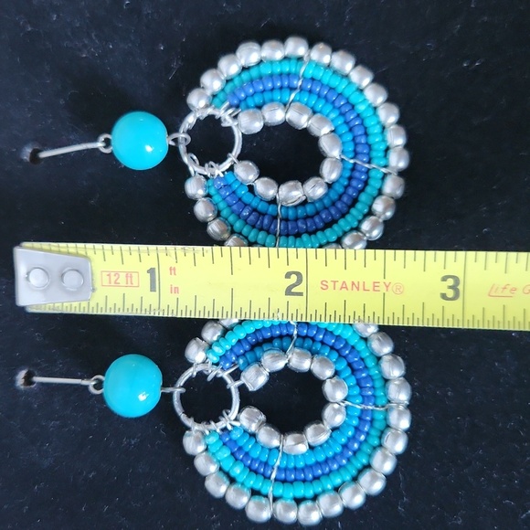 Beaded Dangle Turquoise and Silver Earrings - Picture 6 of 8